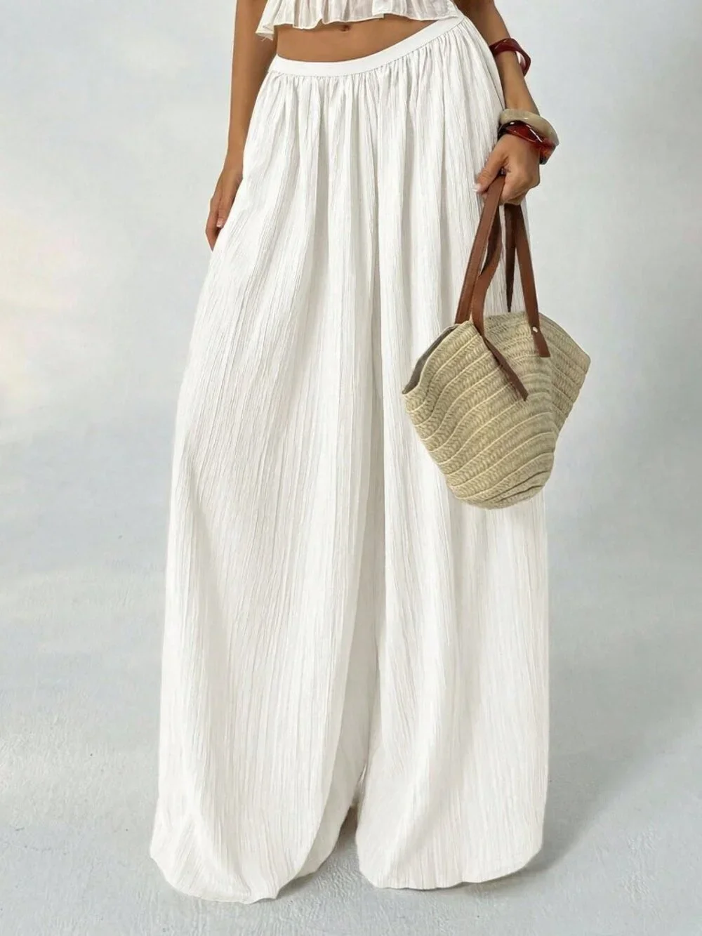 White Casual Women's Loose Textured Palazzo Pants
